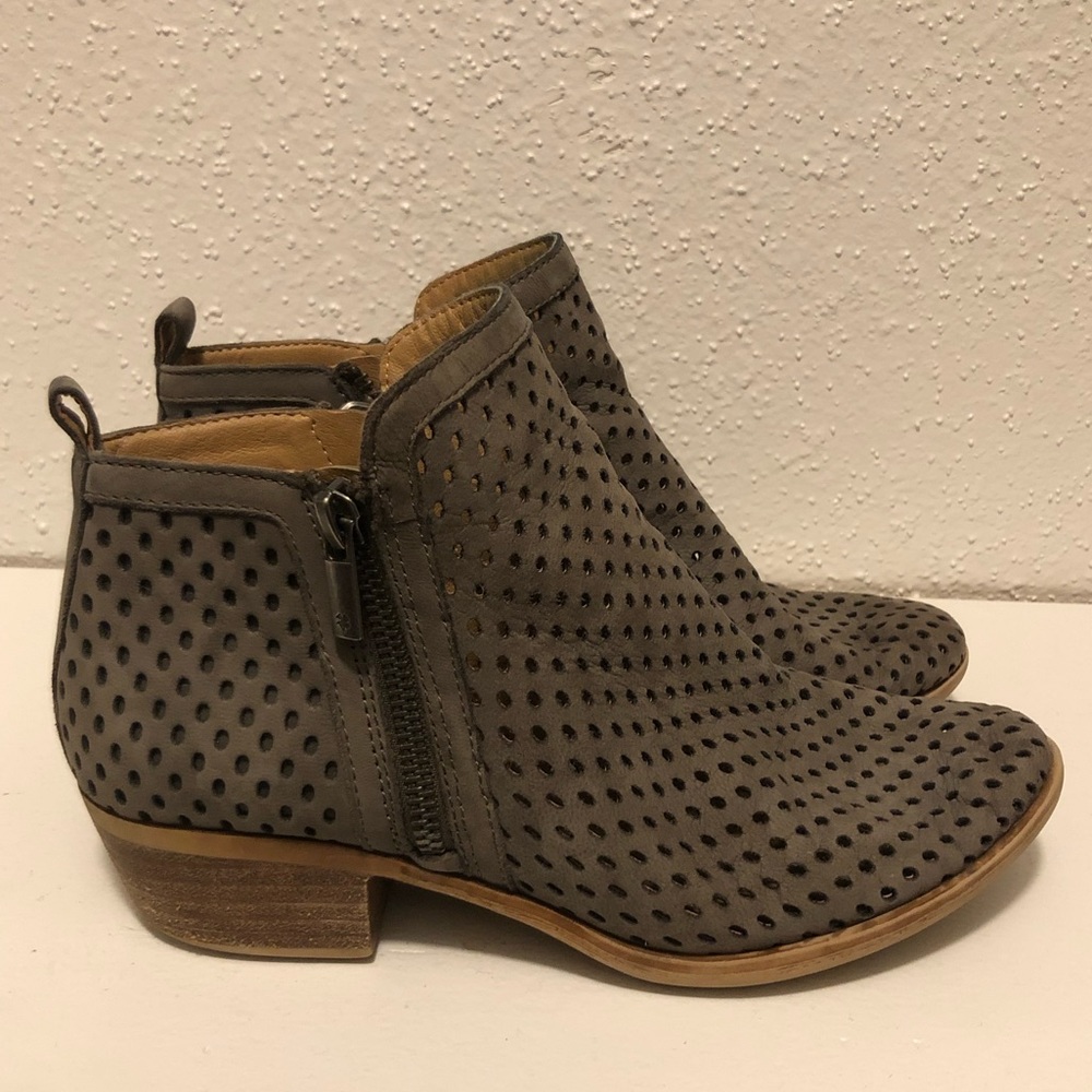 Lucky Brand Perforated Suede Ankle Booties in Olive green.